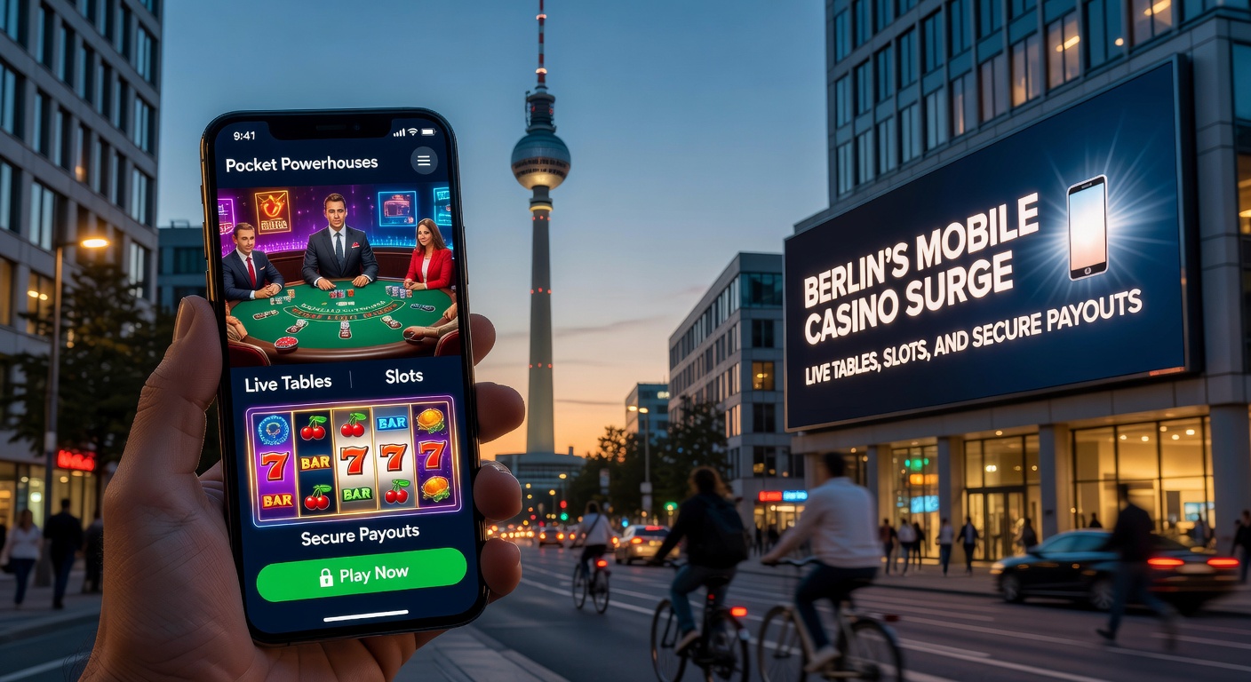 Diverse Slot-Spiele auf einem Tablet in urbaner Berliner Szenerie mit Neonlichtern